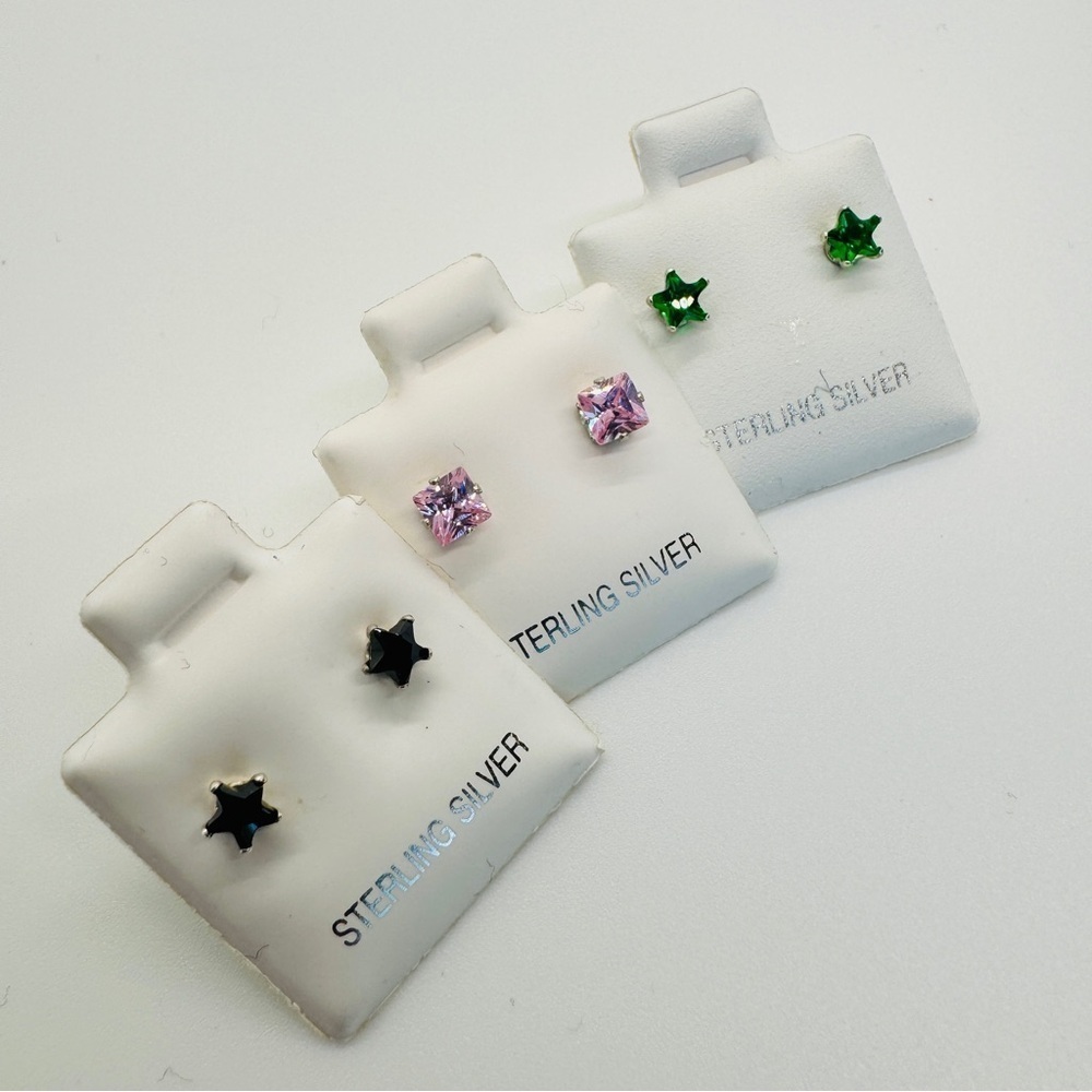 3 Pairs of Sterling Silver Star Earrings Bundle - Black, Pink, Green